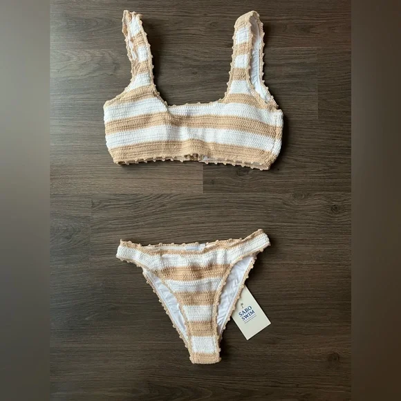 Sabo Skirt crochet bikini, white/beige stripes, size S bottom and M top - Picture 1 of 3